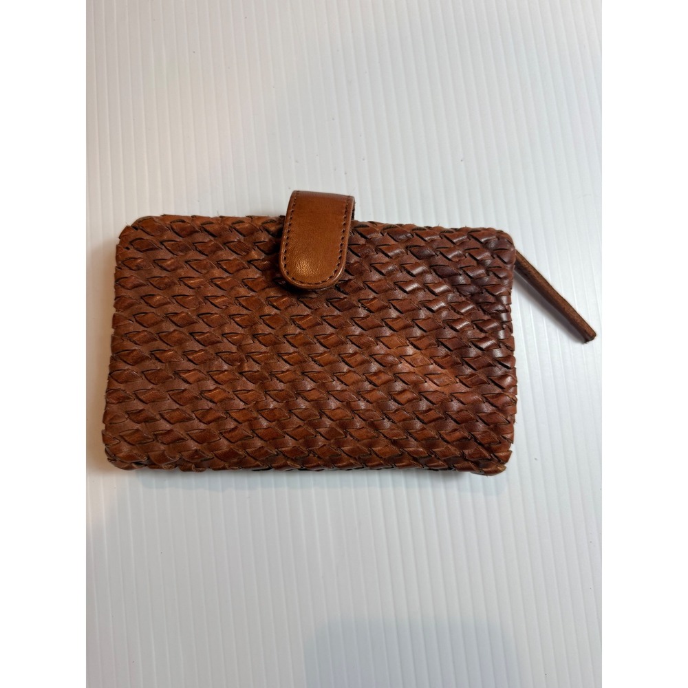 Valenca‎ Brown Woven Leather Bifold Wallet Zip Coin Pocket Card Slots Organizer